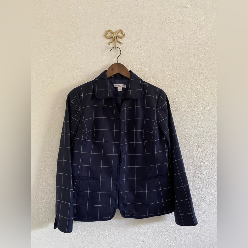 Pendleton Blue Windowpane Plaid Wool Blazer Jacket Size Petite 6 Vintage